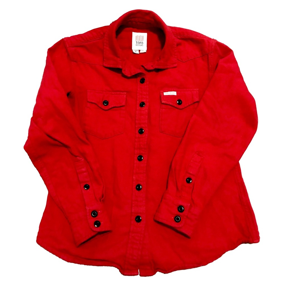Topo Designs red, Dirt Shirt, long sleeved flannel button up top, women’s small